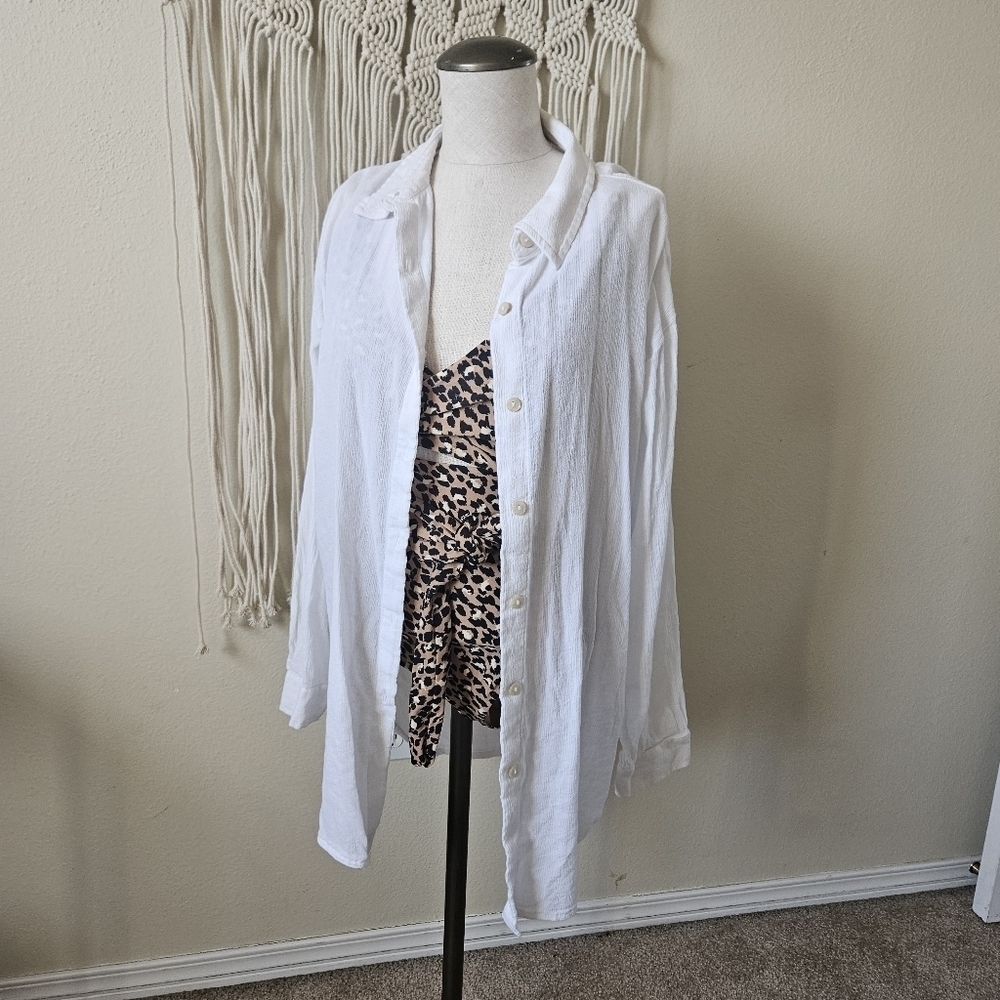 Cotton On White Button-Up Muslim Shirt The Vacay Long Sleeve Beach Shirt  Medium